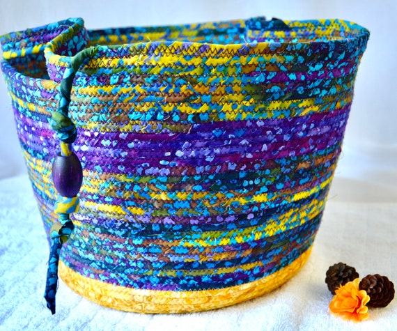 Handmade Textile Basket, Gorgeous Batik Fabric Bin, Office Waste Paper Basket, Purple Shawl and Scarf Holder, Cat Toy Basket