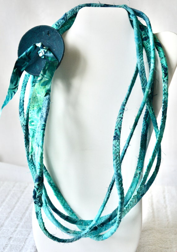 Turquoise Rope Necklace for fun Beach Wear, Handmade Batik Fabric Jewelry, Unique Skinny Multi Strand Necklace, Boho Accent Jewelry