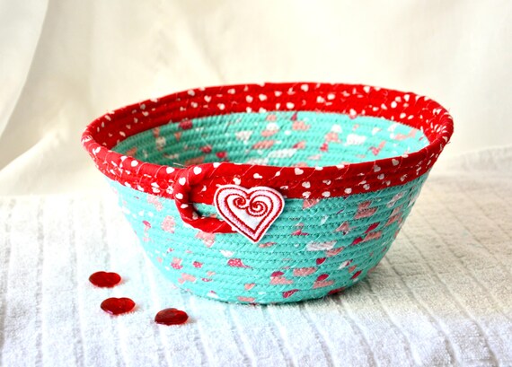 Valentine's Day Gift, 1 Handmade Aqua Heart Basket, Fruit Bowl, Napkin Bin