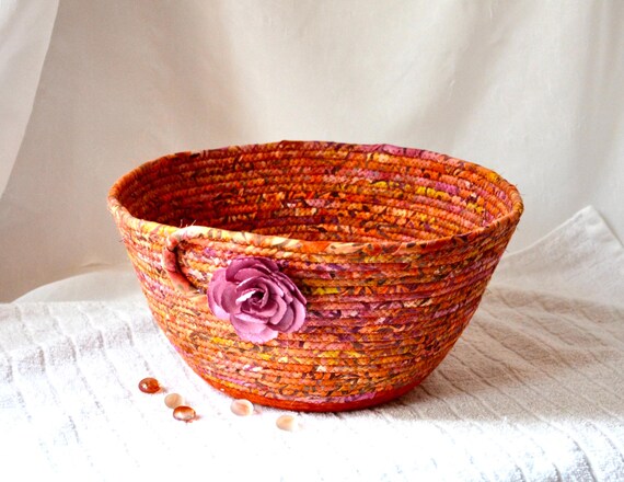 Artisan Crafted Basket, Country Batik Fabric Bowl, Earth Tone Bowl, Handmade Key Holder, Gift Basket, Rustic Cottage Napkin Holder