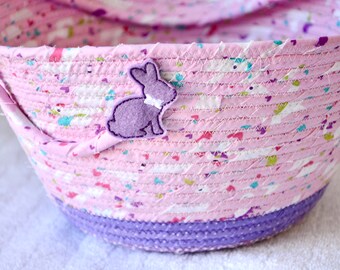 Pink Easter Basket, Baby Girl First Easter Bucket, Easter Candy Bowl, Easter Egg Hunt Tote Bag, Handmade Toy Bunny Holder