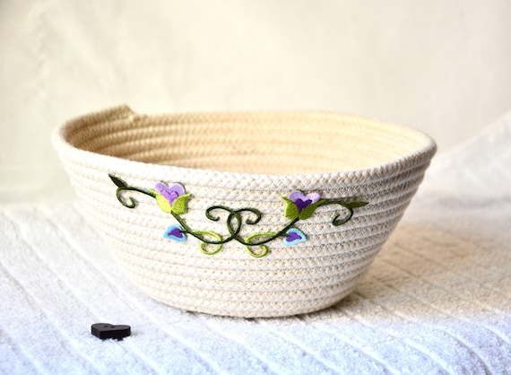 Summer Picnic Basket, Heart Rope Bowl, Shabby Chic Gift Basket, Purple Flower Basket, Minimalist Rope Basket, Handmade Clothesline Bowl