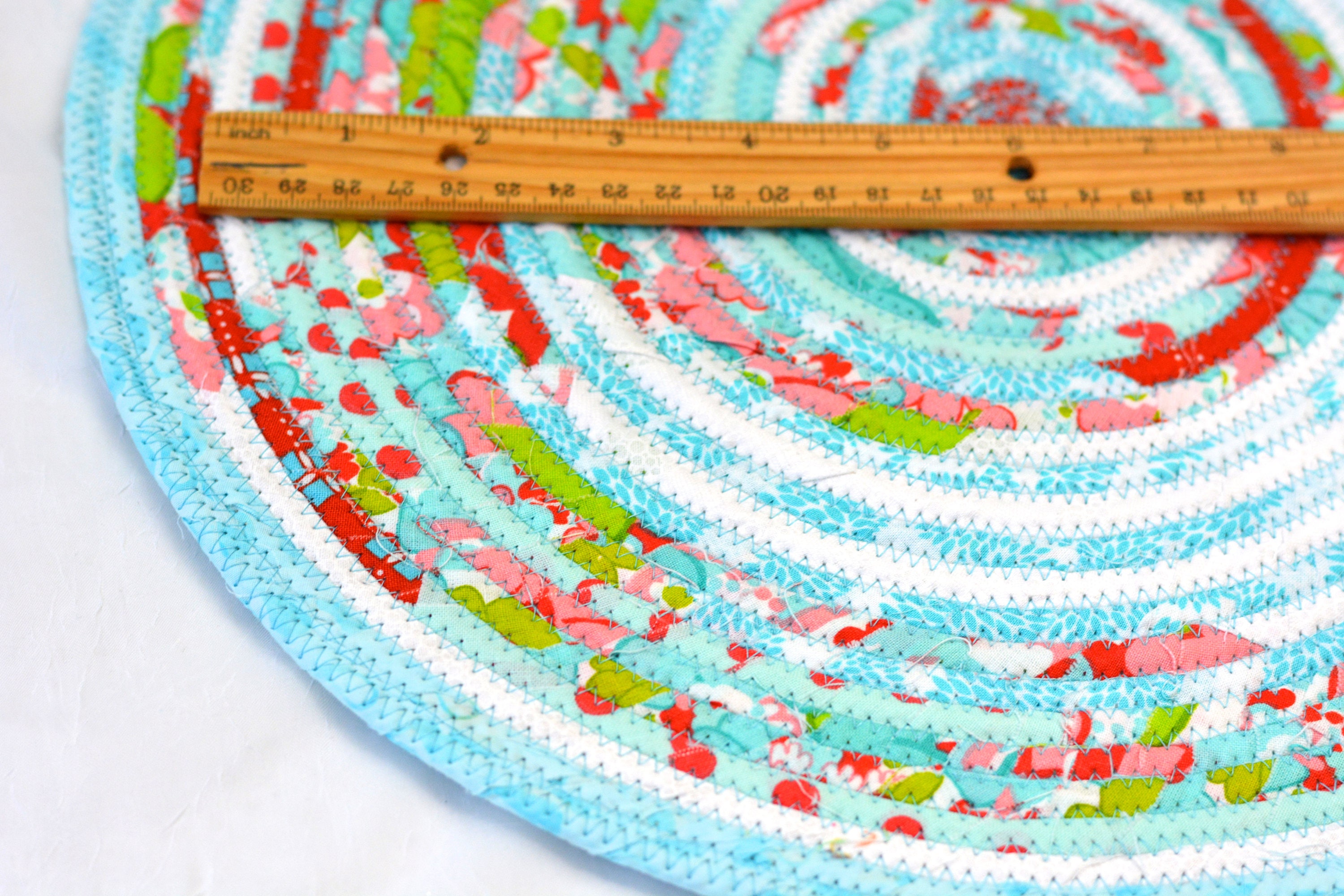 Turquoise Place Mat, 14 Quilted Table Mat, Handmade Aqua and Red Trivet