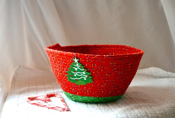 Decorative Christmas Lights Fabric Bowl, Handmade Holiday Red and Green Fabric Basket