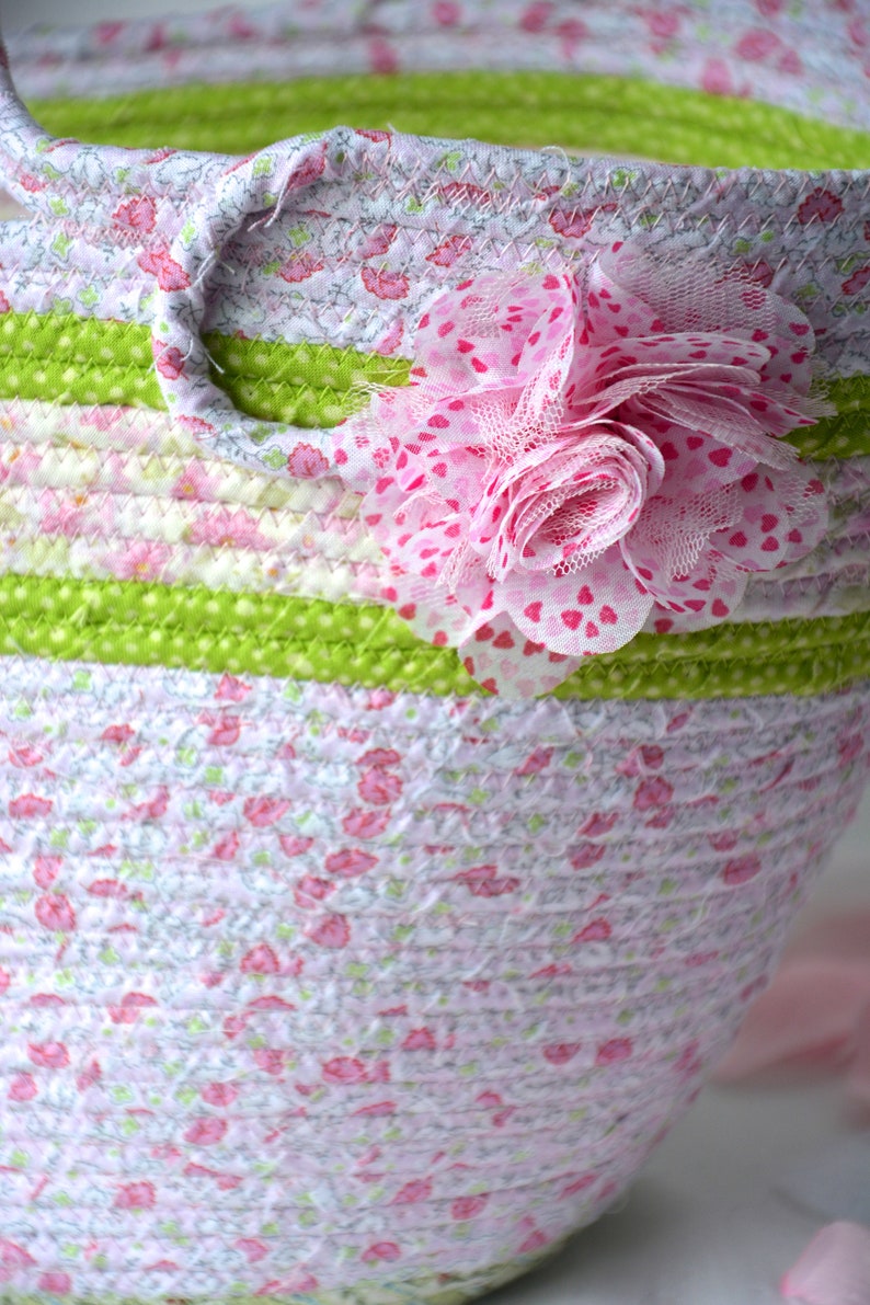 Handmade Quilted Basket Decorative Pink Floral Beach Bag Shabby Chic Tote Bag Handled Picnic Basket Baby Shower Gift