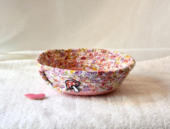 Summer Candy Dish, Pink Mushroom Key Holder, Handmade Change Holder, Whimsical Watercolor Bowl, Shabby Chic Basket, Toadstool Ring Dish