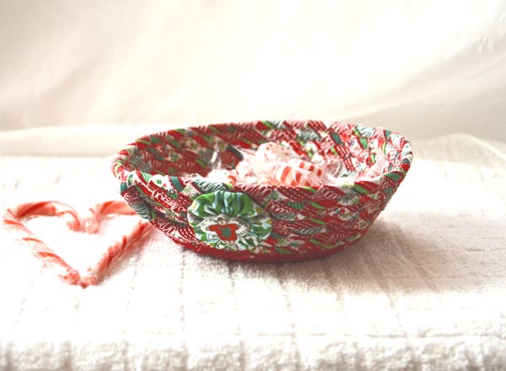 Christmas Candy Dish, 1 Handmade Fabric Rope Basket, Potpourri Tray, Change Bowl, Red Holiday Gift Basket, Party Favor, Angel Candy Bowl