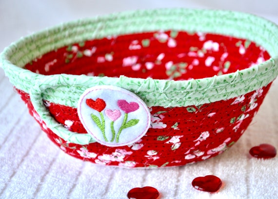Cute Red Key Basket, Heart Fruit Bowl or Napkin Basket, Handmade Cherry Blossom Fabric Basket, Mail Bin or Ring Bowl, Medium Rope Basket