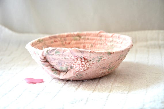 Handmade Shabby Chic Fabric Basket: Pastel Pink Rose Bowl, Valentine's Day Candy Dish