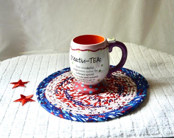 Patriotic Place Mat, July 4th Table Topper, 1  10" Summer Patio Place Mat, 1 Handmade Red White and Blue Trivet, Quilted Hot pad, Potholder