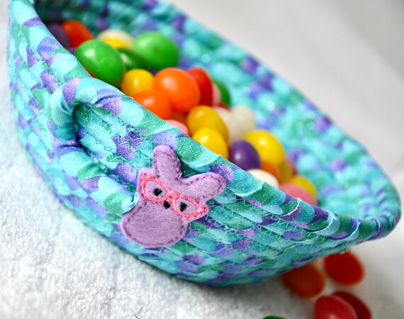 Easter Candy Bowl, Purple Bunny Basket, Handmade Ring Dish, Whimsical Glitter Fabric Bowl, Purple Potpourri Holder, Small Rope Bowl