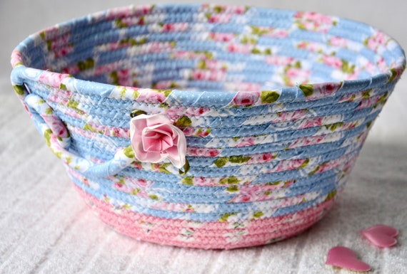 Shabby Chic Rose Basket, Victorian Cottage Floral Bowl, Handmade Bath Tissue Holder, Fabric Rope Basket, Blue Key Bowl, Gift Basket