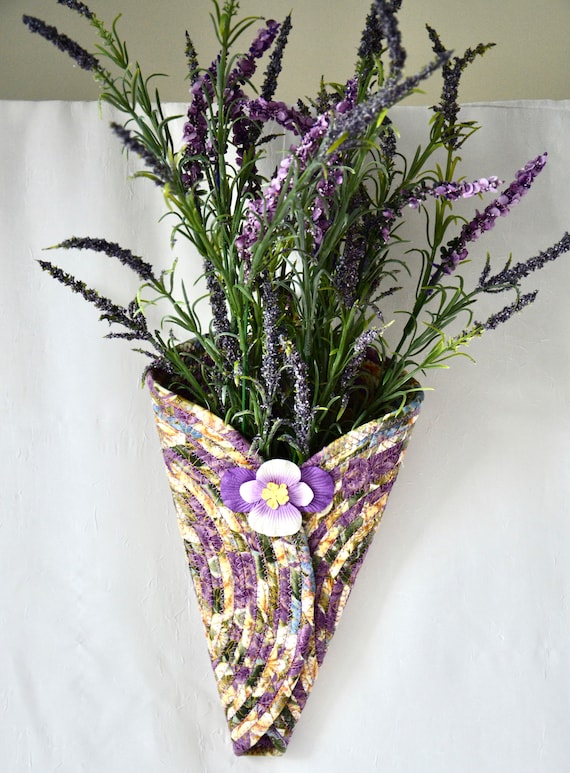 Lovely Easter Wall Pocket, Lavender Spring Wall Art, Artisan Quilted Door Vase, Handmade Violet Home Decor, Door Hanging