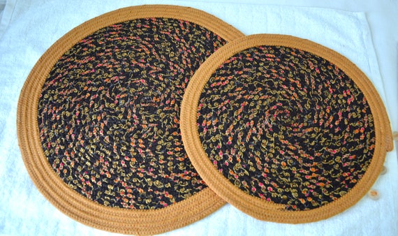 Earth Tone Place mats, Handmade Golden Brown Trivet Set, 2 Country Candle Mats, Coiled Fabric Table Toppers, Dining Room Table Runner,