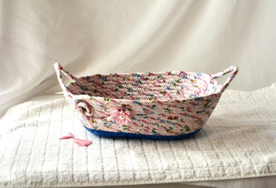 Shabby Chic Floral Basket, Dresser Eyeglass Holder, Handmade Pink Fabric Bowl, Brush Holder, Desk Organizer, Birthday Gift Basket