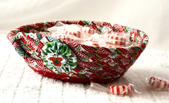 Handmade Christmas Fabric Basket: Red Holiday Candy Dish with Angel