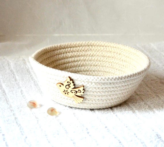 Love Dove Candy Bowl, Handmade Quilted and Coiled Rope Basket