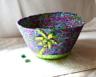 Patio Palm Tree Fabric Basket, Handmade Green Striped Napkin Holder, Decorative Porch Utensil Bowl