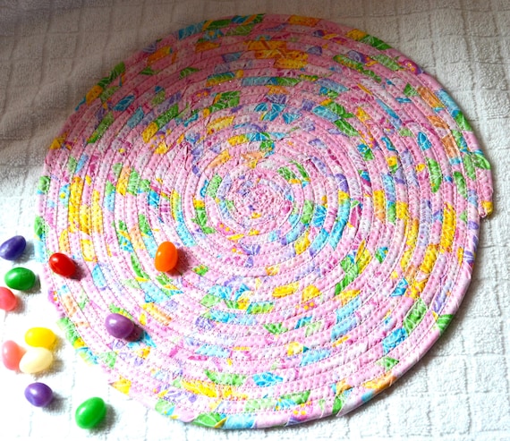 Handmade Easter Place Mat, 1 Pink Fabric Rope Hot Pad, Spring Trivet, Table Topper