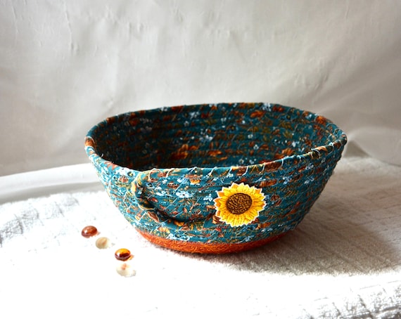 Fall Teal Bowl, Sunflower Napkin Basket, Handmade Fabric Rope Basket, Autumn Fruit Basket, Mail Bin, Key Holder, Lovely Gift Basket