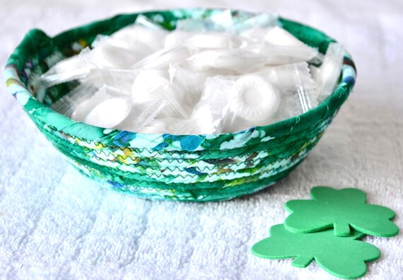 Handmade Candy Bowl, Green Batik Fabric Basket, Key Holder, Ring Dish
