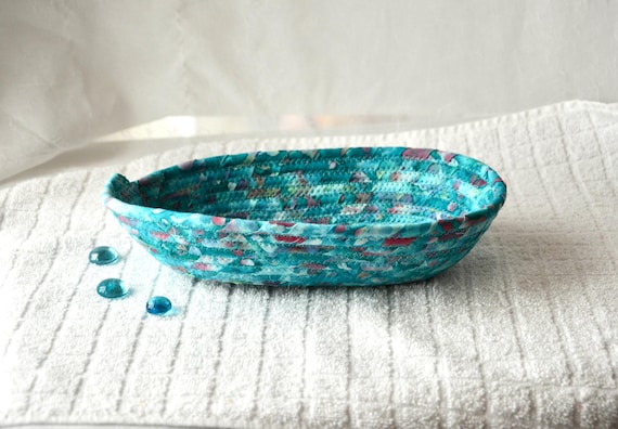 Blue Batik Fabric Basket, Unique Oval Key Holder, Handmade Eyeglass Basket, Ear Bud Bowl, Fabric Rope Basket, Birthday Gift Basket