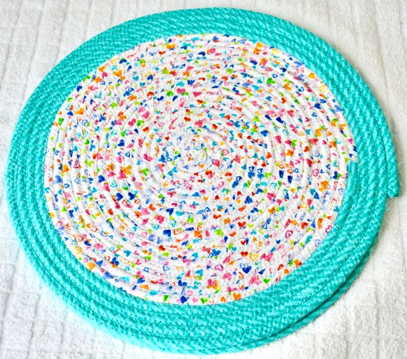 Heart Place Mat, 1 Aqua Blue Place Mat, Cute Rainbow Heart Trivet, Handmade Fabric Hot Pad, Potholder, Summer Patio Table Topper