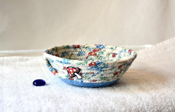 Summer Picnic Basket, Cute Candy Bowl, Mushroom Dish, Blue Key Dish, Handmade Change Holder, Toadstool Fabric Basket, Mother Birthday Gift