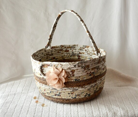 Handmade Textile Art Basket, Neutrals Bolga Basket, Coiled Rope Basket with handle, Shabby Chic Fabric Bin, Beige Storage Organizer Basket
