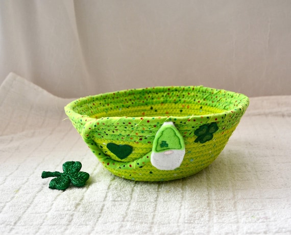 St. Patrick's Day Candy Bowl, Handmade Green Gnome Key Basket, Small Trinket Ring Dish