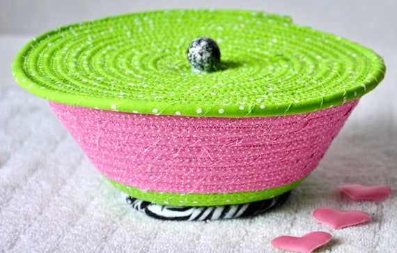 Whimsical Gift Basket, Fun Jewelry Bowl, Pink Lidded Basket, Handmade Clip Holder, Bath Tissue Holder, Funky Green Basket with cover