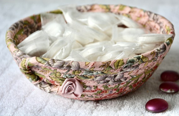 French Shabby Chic Basket, Handmade Pink Key Bowl or Desk Accessory or Mauve Gift Basket or Ring Dish or Dresser Key Tray or Potpourri Bowl