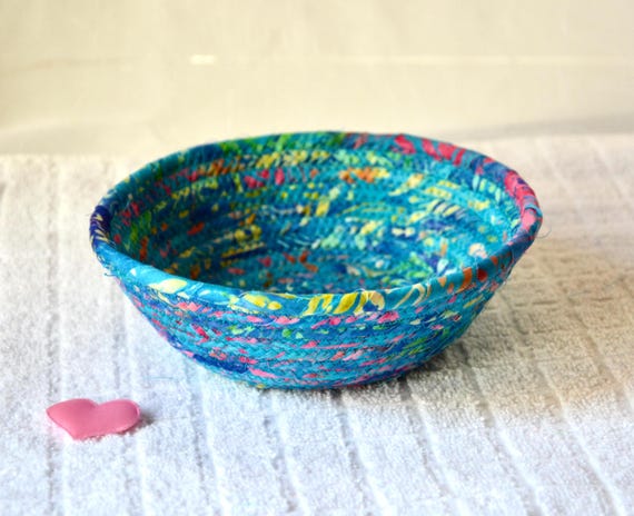 Artisan Batik Basket, 1 Handmade Bohemian Fabric Bowl, Blue Boho Candy Dish, Jewelry Holder, Entry Change Bowl, Trinket Ring Tray