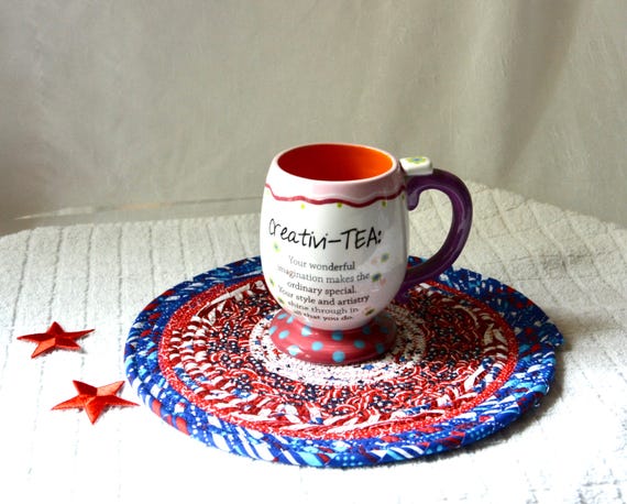 Patriotic Place Mat, July 4th Table Topper, 1  10" Summer Patio Place Mat, 1 Handmade Red White and Blue Trivet, Quilted Hot pad, Potholder
