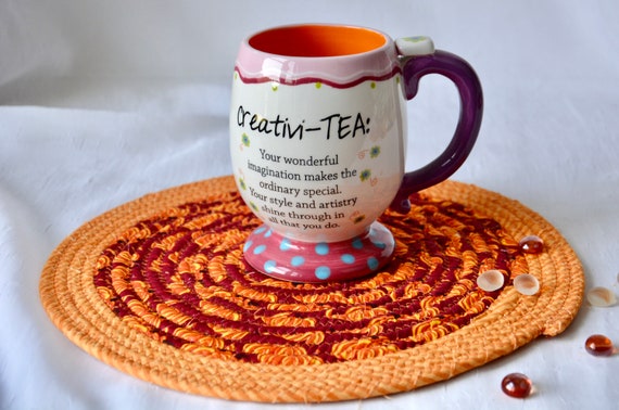 Halloween Place Mat, 1 Fall Pumpkin Place Mat, 11" Handmade Orange Fabric Trivet, Fall Potholder, Table Topper, Hot Pad, Kitchen Coiled Mat
