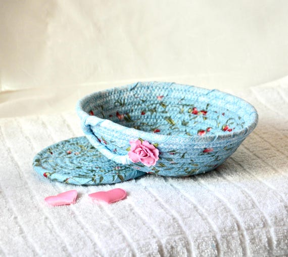 Blue Candy Bowl and Coaster, Shabby Chic Key Holder, Small Fabric Basket, Handmade Coiled Fabric Cup Holder, Vanity Ring Dish, Gift Basket