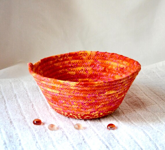 Artisan Batik Bowl, Rustic Candy Basket, Handmade Key Bowl, Pink Sunset Trinket Holder, Summer Gift Basket, Small Dish, Fabric Rope Basket