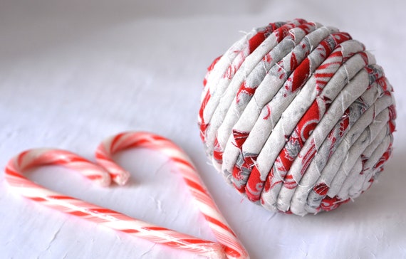 Silver Christmas Ornament, 1 Handmade Holiday Decoration, Red Bowl Filler, Hand Coiled Fabric Christmas Ball,  Holiday Home Decor, Gift