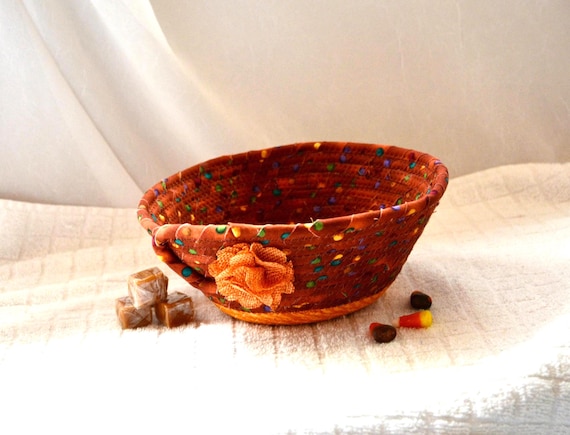 Fall Chocolate Tone Bowl, 1 Country Autumn Brown Basket, Handmade Quilted Fabric Rope Basket
