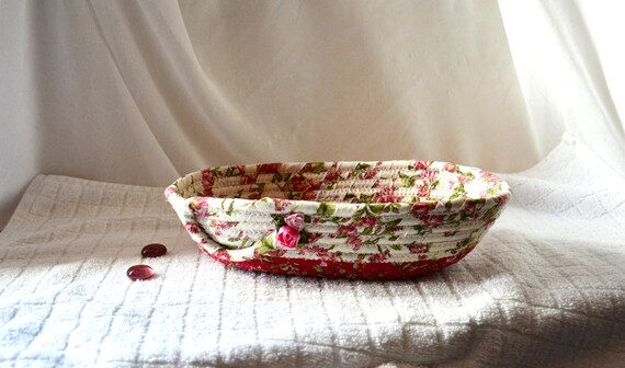 Pink Shabby Chic Basket, Napkin Holder, Handmade Oval Fabric Basket, Vanity Brush Basket, Pink Rose Bud Bowl, Cottage Floral Basket