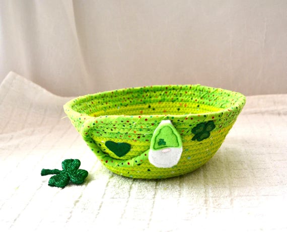 St. Patrick's Day Candy Bowl, Handmade Green Gnome Key Basket, Small Trinket Ring Dish