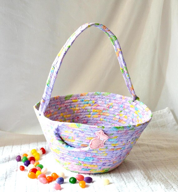 Handmade Easter Basket with Bunny Accent, Lavender Easter Egg Hunt Tote Bag, Spring Decoration