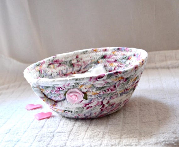 Shabby Chic Floral Fabric Basket: Handmade Ring Dish, Candy Bowl