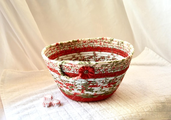 Handmade Red and Green Christmas Bowl, Holiday Card Basket, Quilted Coiled Fabric