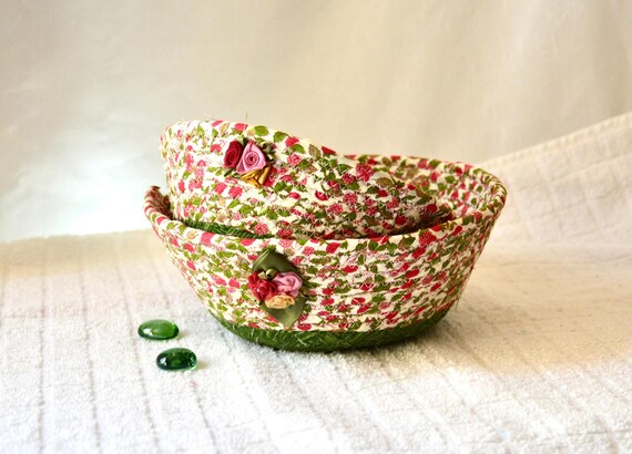 Summer Candy Dishes, 2 Nesting Bowls, Handmade Key Basket Set, Strawberry Dishes, Jewelry Tray, Fabric Rope Basket, Small Decor Bowls