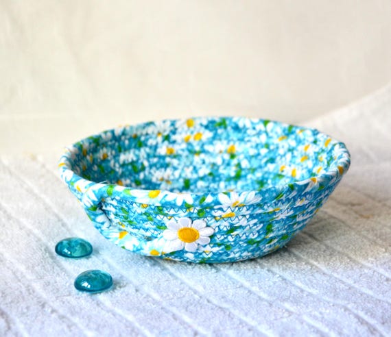 Cottage Chic Summer Basket, Aqua Daisy Basket, Handmade Key Basket, Blue Floral Potpourri Holder, Small Fabric Bowl, Shabby Chic Candy Bowl