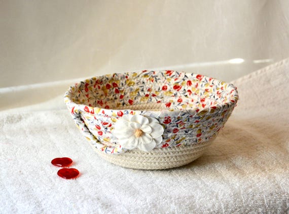 Shabby Chic Basket, Handmade Potpourri Bowl, Beige Desk Clip Bowl, Cottage Rose Candy Dish, Neutrals Fabric Rope Tray, Gift for her Mother