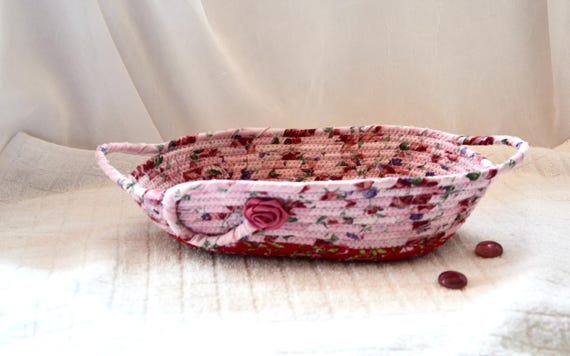 Handmade Shabby Chic Fabric Basket: Pink Rose Candy Bowl, Oval Eyeglasses Holder