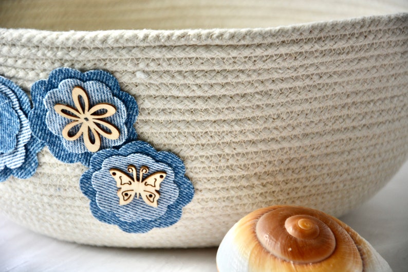 Denim Floral Basket Handmade Rope Bowl Country Clothesline Etsy