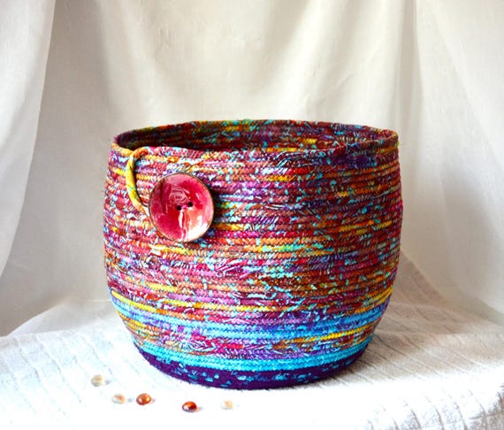Artisan Batik Basket, Colorful Textile Art Bin, Handmade Coiled Fabric Rope Basket, Lovely Storage Organizer, Yarn Holder, Book Holder